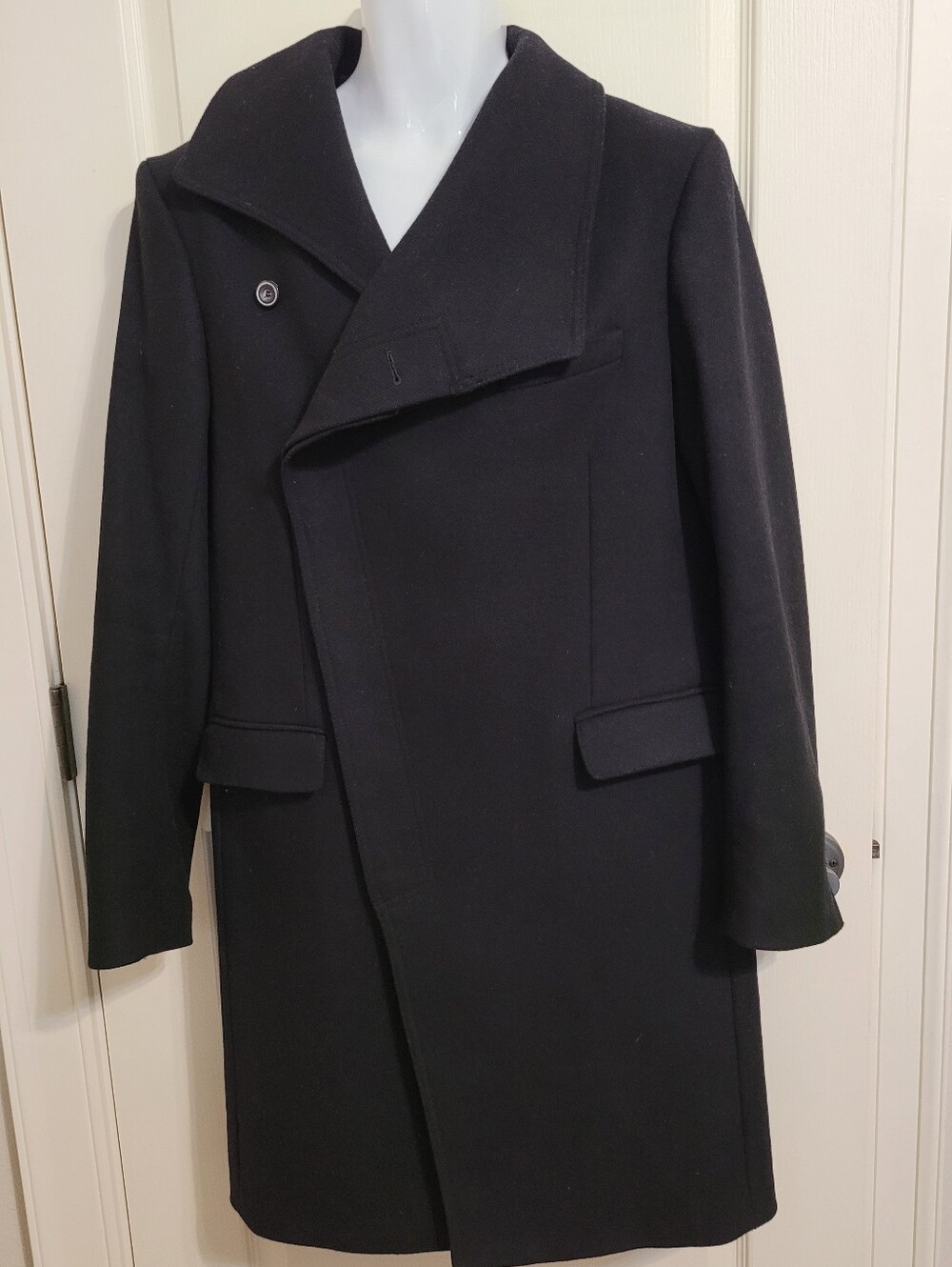 Zara Man Long Wool Asymmetrical Front Pea Coat Trench  - Sz L, Black, EUC